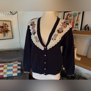 Vintage Navy Cardigan 80’s Grandma Teacher Cottage Sweater